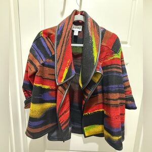 Joseph Ribkoff. Multicolor Asymmetrical Jacket. Black Faux Leather Trim. 6.